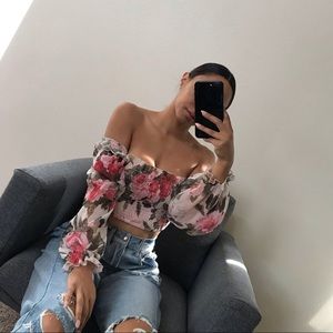 Floral crop long sleeve blouse